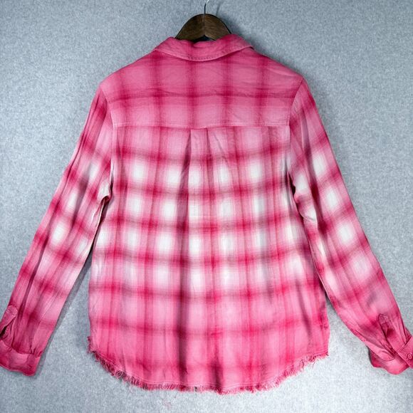 Dear John Plaid Womens Sz XL Red Ombre Button Shirt Roll Tab Cowgirl Flannel - Picture 2 of 10